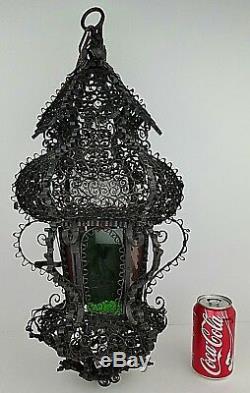 Vtg Spanish Gothic Ornate Black Metal Stained Glass Candle Swag Light Lantern