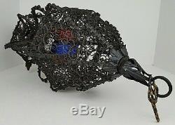 Vtg Spanish Gothic Ornate Black Metal Stained Glass Candle Swag Light Lantern
