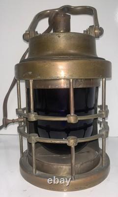 WW2 Era Bronze U. S Navy Ship Lantern Cobalt Blue WORKING CONDITION