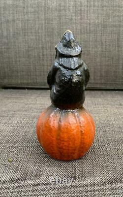 Witch On Pumpkin Jack O Lantern Halloween Candy Container Antique Paper Mache