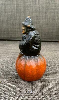 Witch On Pumpkin Jack O Lantern Halloween Candy Container Antique Paper Mache